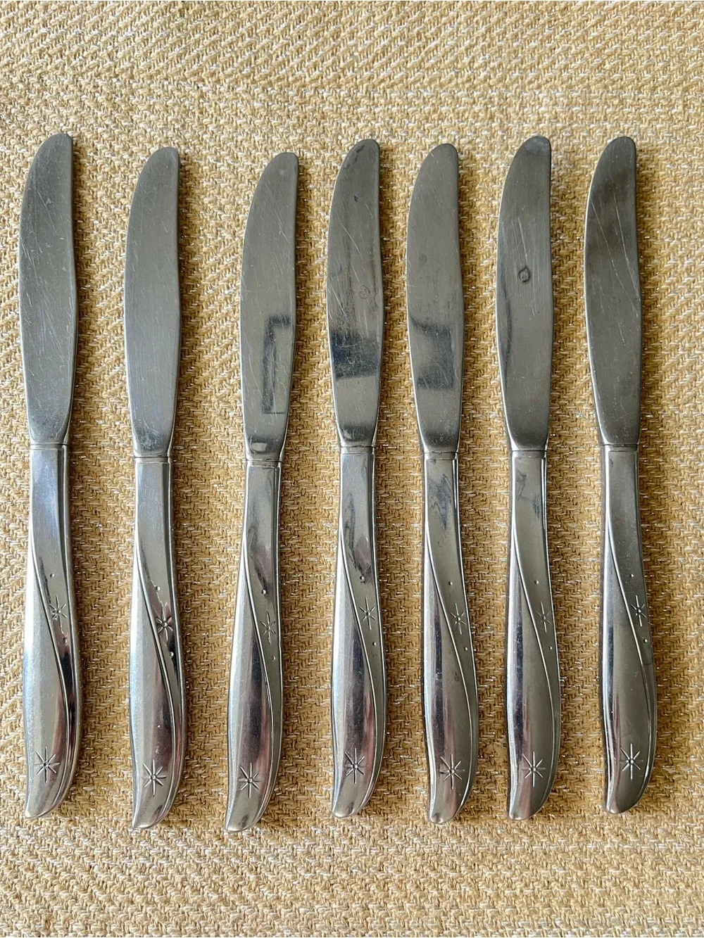 Vintage Oneida Twin Star Stainless Steel Flatware Set of 7 Knives Midcentury